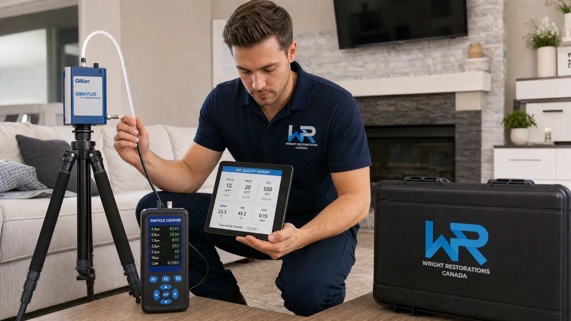 Certified industrial hygienist conducting indoor air quality testing in a Toronto home