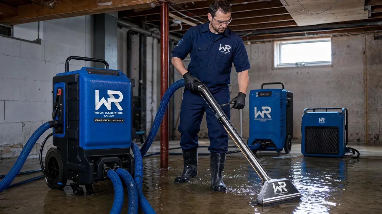 IICRC-certified water damage restoration technician extracting water from a flooded basement in Toronto
