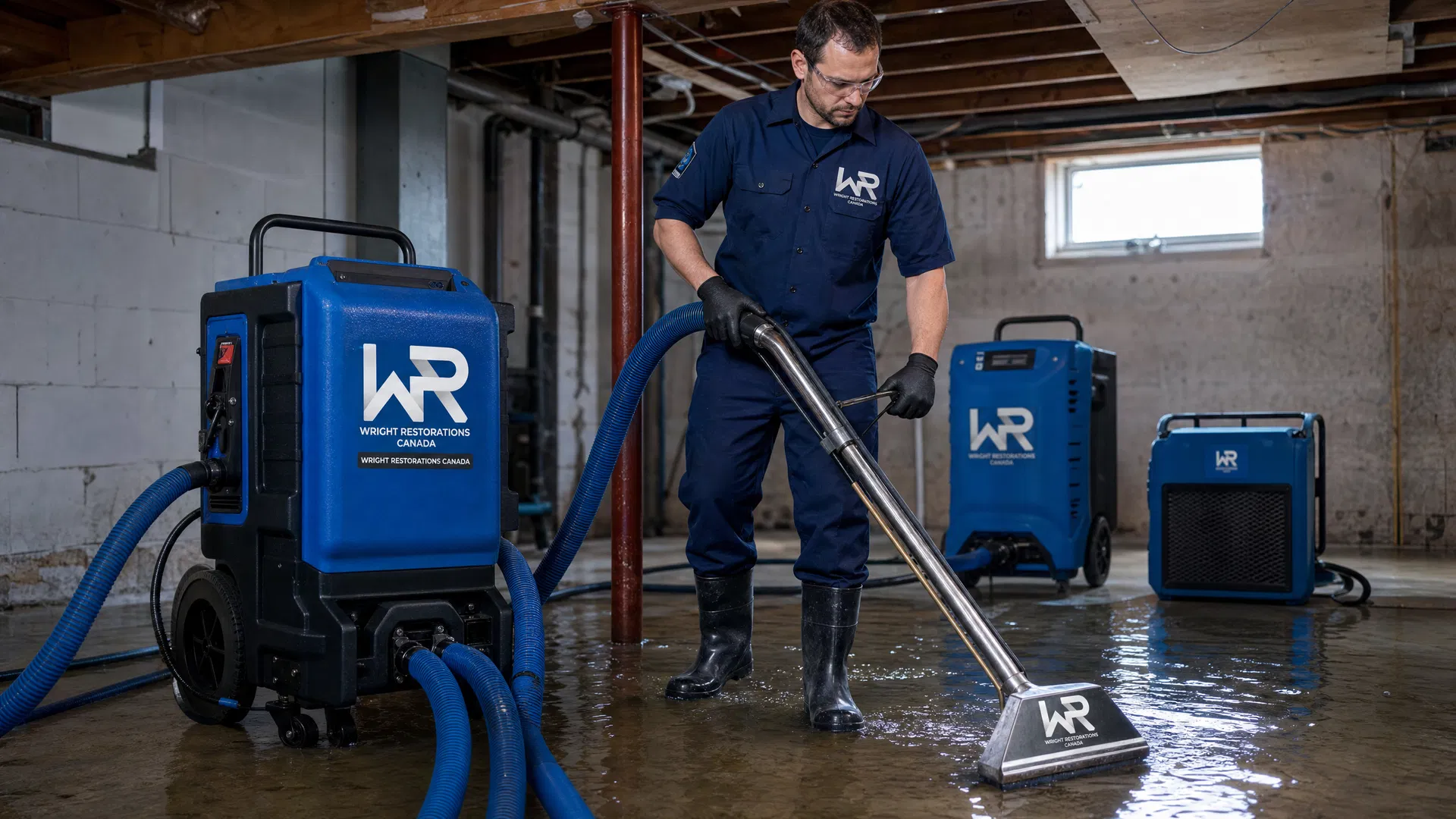 IICRC-certified water damage restoration technician extracting water from a flooded basement in Toronto